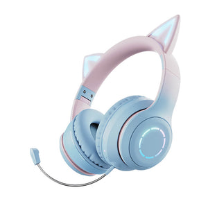 Blue Pink Wireless Gradient Cat Headset Microphone RGB