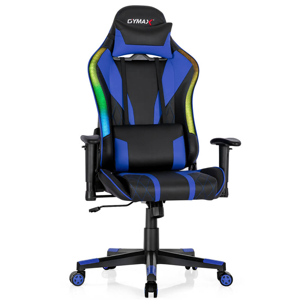 Blue RGB Lighting Gaming Chair Reclining Backrest Synthetic Leather