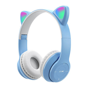 Blue Wireless Kitty Ear Headphones Mic RGB Children