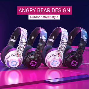 Bluetooth 5.0 Angry Bear Design Outdoor Street Style Graffiti Headphones RGB Foldable