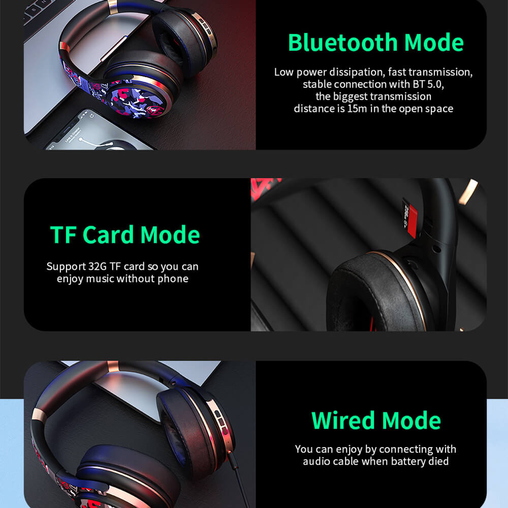 Bluetooth 5.0 Cartoon Graffiti Headphones Noise Reduction Dual Mode