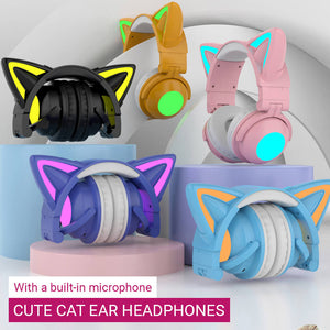 Bluetooth 5.0 Cat Ear Headphones Built-In Microphone 7.1 Surround Sound RGB