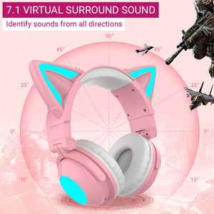 Bluetooth 5.0 Cat Headphones Mic 7.1 Virtual Surround Sound RGB