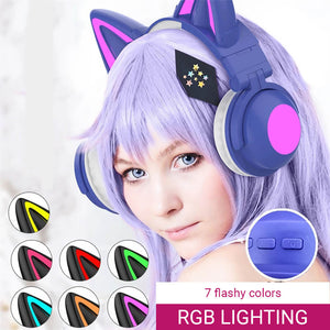 Bluetooth 5.0 Cat Headphones Mic 7.1 Surround Sound RGB Lighting