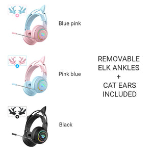 Bluetooth 5.3 Gradient Pastel Headset Mic RGB 3.5mm Jack Elk Ankles Cat Ears Included