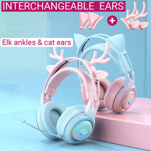 Bluetooth 5.3 Gradient Pastel Headset Mic RGB 3.5mm Jack Interchangeable Elk Ankles Cat Ears