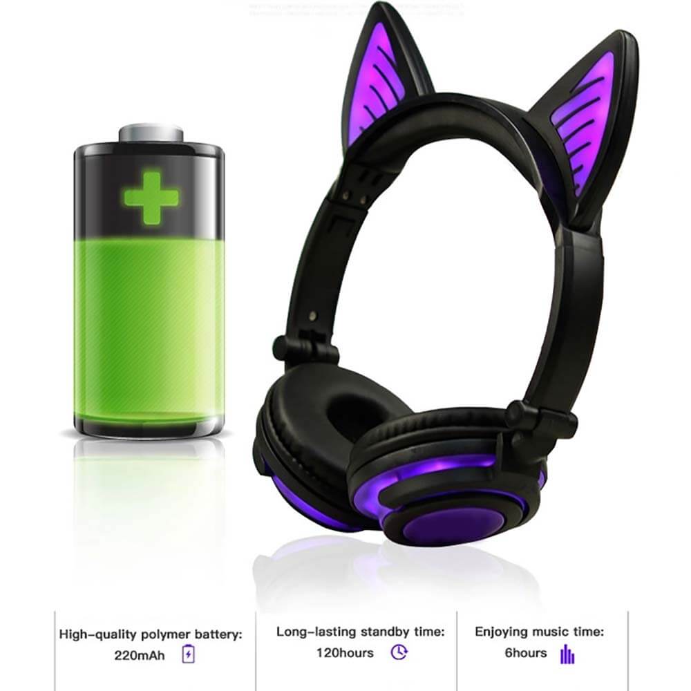 Bluetooth Hairy Cat Ear Headphones Mic Glowing LED - Dubsnatch