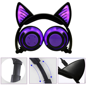 Bluetooth Hairy Cat Ear Headphones Mic Glowing LED Design