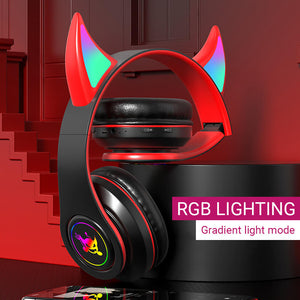 Bluetooth 5.0 Little Devil Horn Headphones Mic RGB Gradient Lighting