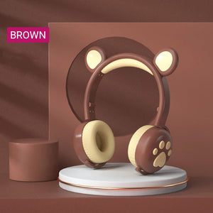 Brown Cute Bear Ear Headphones Bluetooth 5.0 RGB Kids