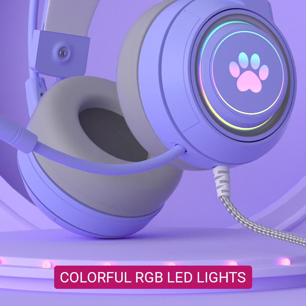 Cat Headset Microphone 3.5mm Jack USB LED Lights Paw
