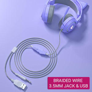 Cat Headset Microphone 3.5mm Jack USB LED Paw Braided Wire