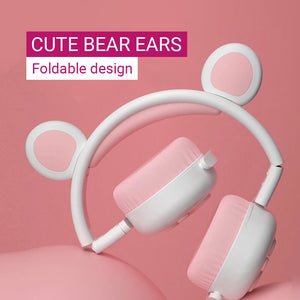 Cute Bear Ear Headphones Bluetooth 5.0 RGB Kids Foldable