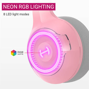 Cute Bluetooth Kitty Ear Headset Microphone Neon RGB Lighting Lightweight