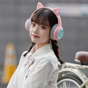 Cute Bluetooth Kitty Ear Headset Microphone RGB Lightweight Brunette Girl