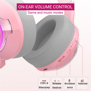 Cute Bluetooth Kitty Ear Headset Microphone RGB Lightweight On-Ear Volume Control