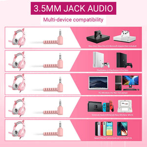 Cute Feline Ear Headset Microphone Stereo 3.5mm Jack Multi-Device Compatibility