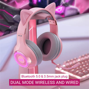 Cute Wireless Bluetooth 5.0 Kitty Ear Headset Microphone RGB Lightweight Wired via 3.5mm Jack