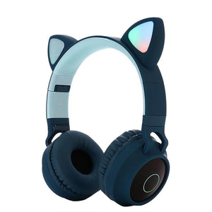 Dark Cyan Kawaii Cat Ear Headphones LED Wireless