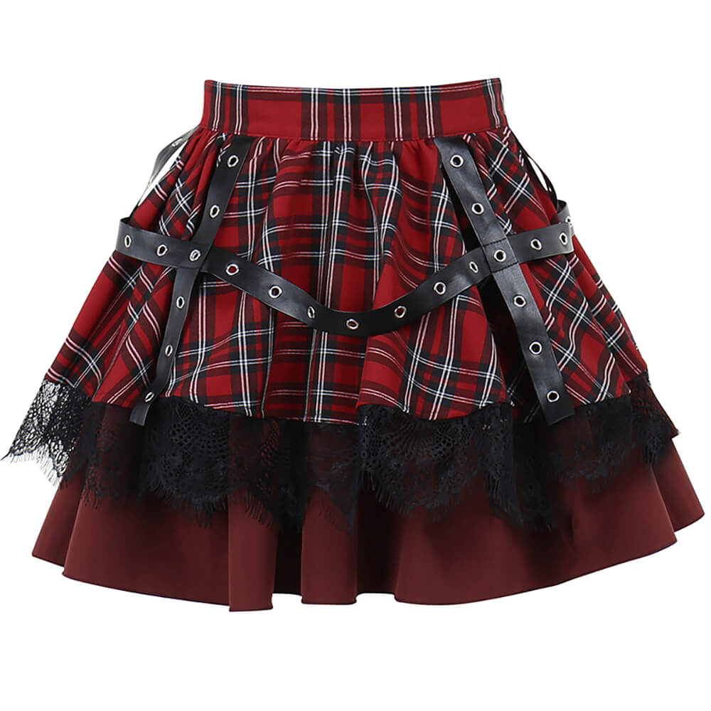 Double Layer Lace Lolita Pleated Skirt Scottish Style Front