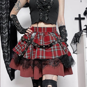 Double Layer Lace Lolita Pleated Skirt Scottish Style Front Girl
