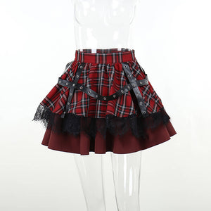 Double Layer Lace Lolita Pleated Skirt Scottish Style Front Mannequin