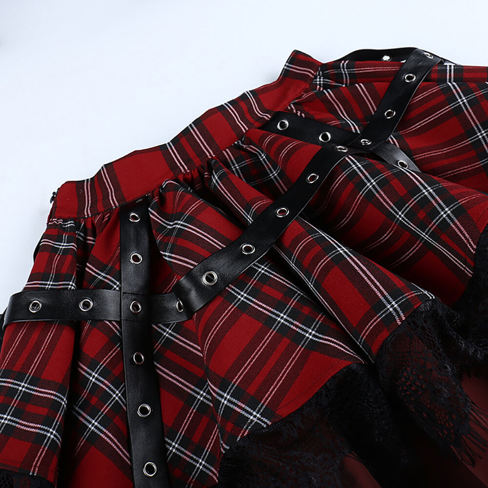 Double Layer Lace Lolita Pleated Skirt Scottish Style Front View