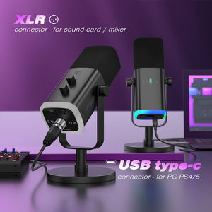 Flowing RGB Cardioid Microphone Mute Button USB-C XLR Connectors