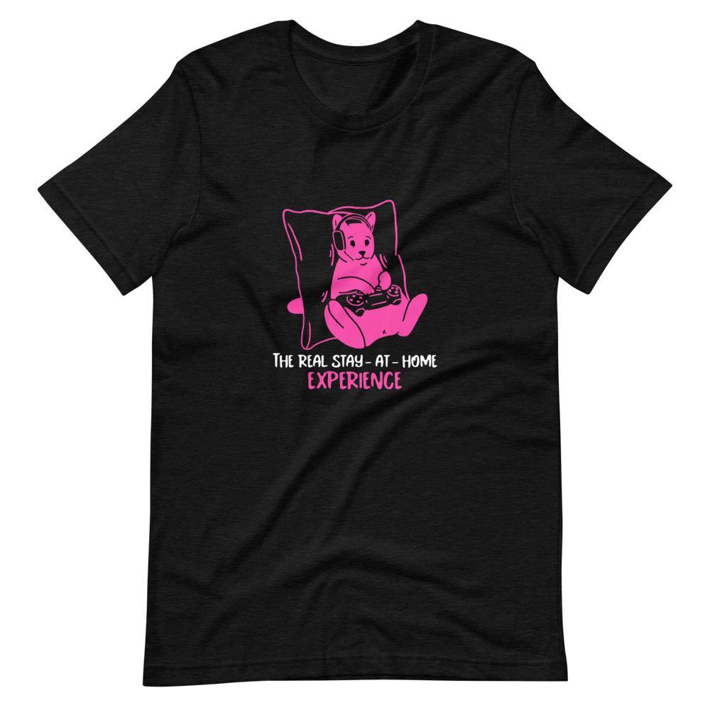 Gamer Shirt - The Real Stay-At-Home Experience - Cat Playing - Pink - Black Heather - Dubsnatch