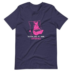 Gamer Shirt - The Real Stay-At-Home Experience - Cat Playing - Pink - Heather Midnight Navy - Dubsnatch