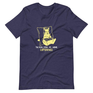 Gamer Shirt - The Real Stay-At-Home Experience - Cat Playing - Yellow - Heather Midnight Navy - Dubsnatch