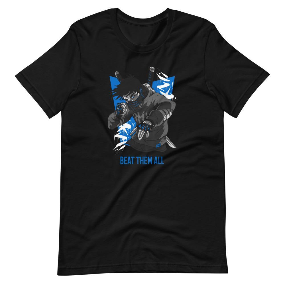 Gaming Shirt - Beat Them All - Cyberpunk Style Character - Blue - Alternative - Black - Dubsnatch