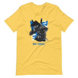 Gaming Shirt - Beat Them All - Cyberpunk Style Character - Blue - Alternative - Yellow - Dubsnatch