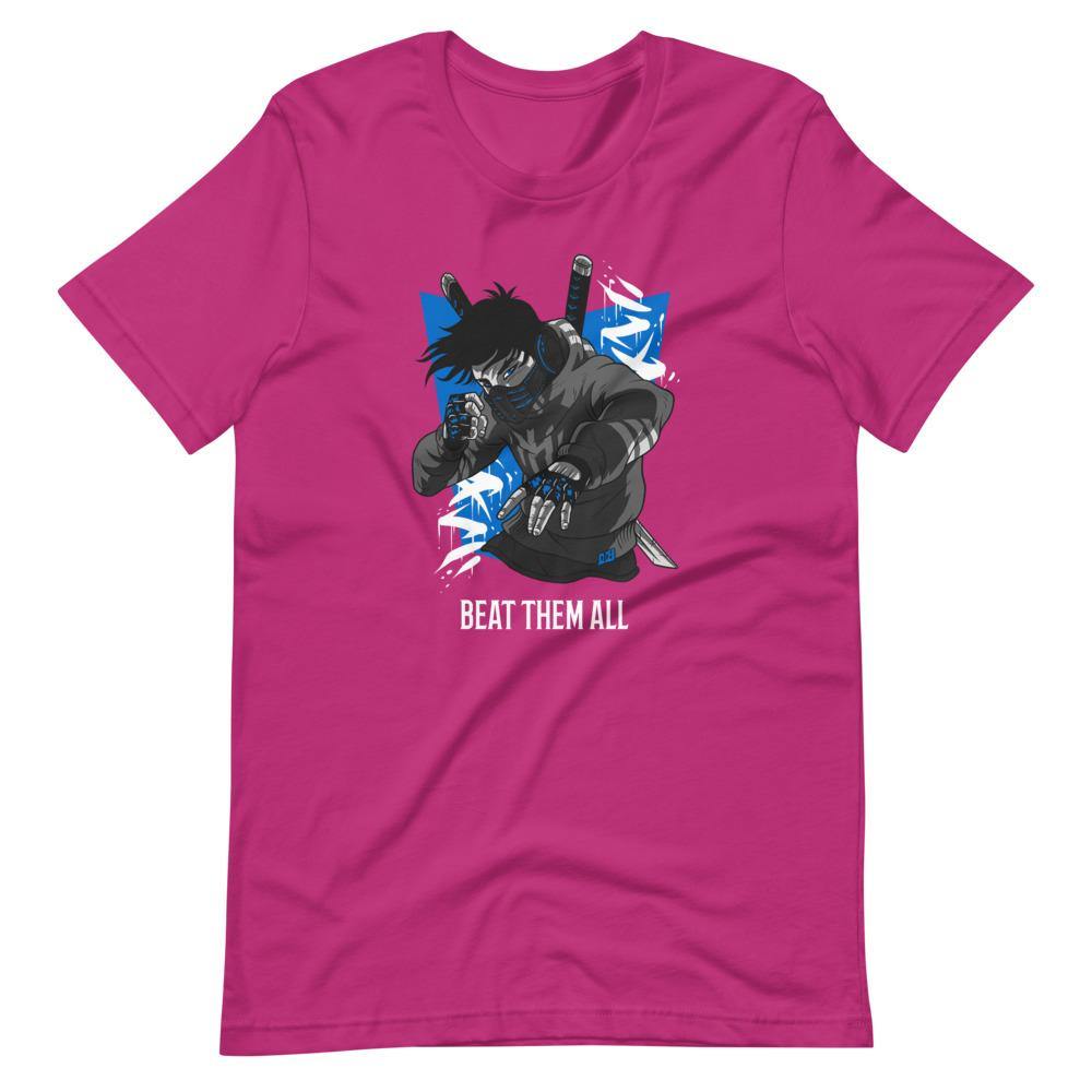 Gaming Shirt - Beat Them All - Cyberpunk Style Character - Blue - Berry - Dubsnatch