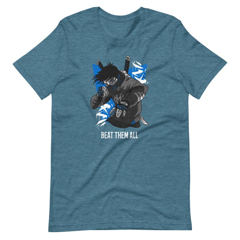 Gaming Shirt - Beat Them All - Cyberpunk Style Character - Blue - Heather Deep Teal - Dubsnatch