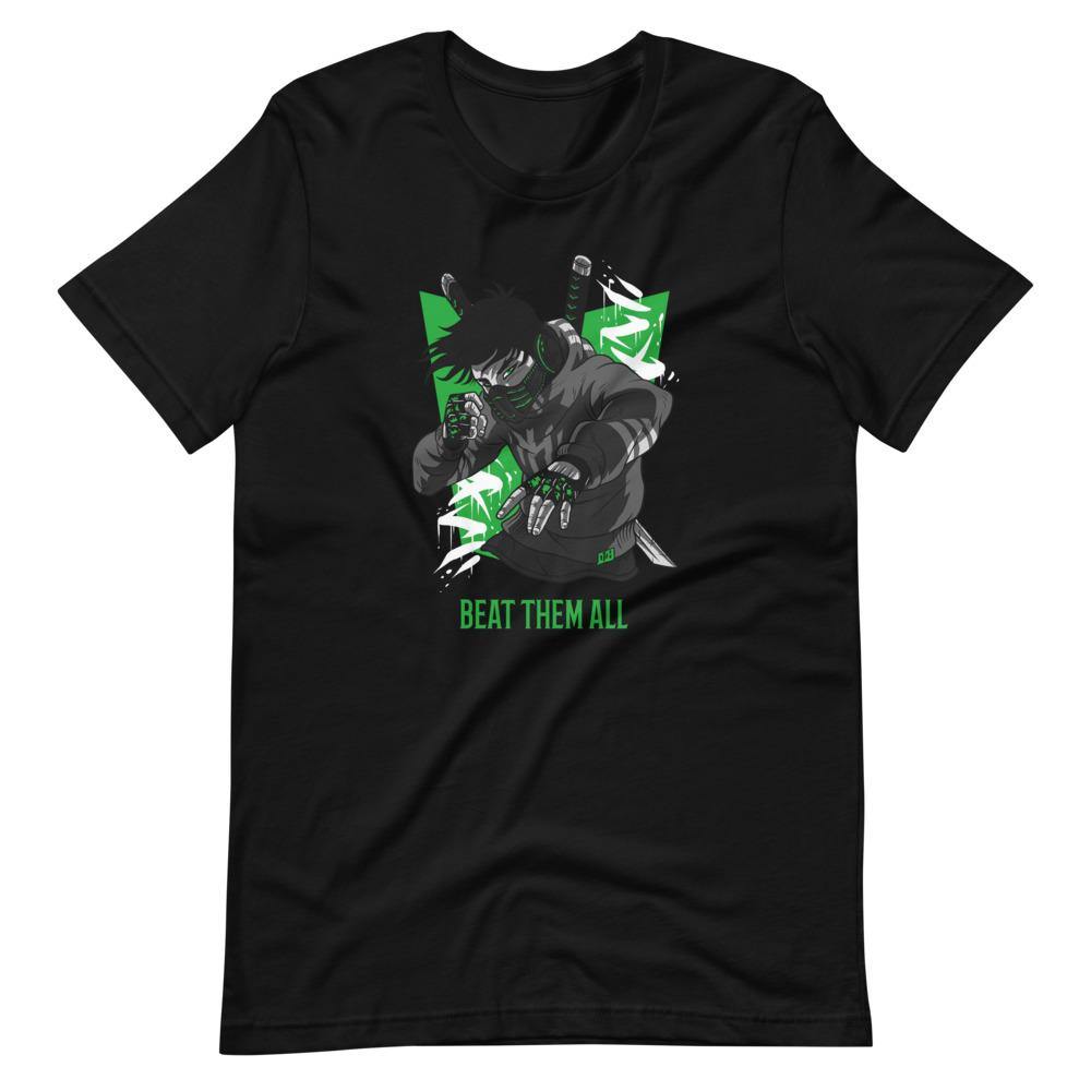 Gaming Shirt - Beat Them All - Cyberpunk Style Character - Green - Alternative - Black - Dubsnatch
