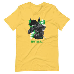 Gaming Shirt - Beat Them All - Cyberpunk Style Character - Green - Alternative - Yellow - Dubsnatch