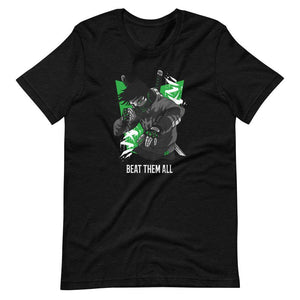 Gaming Shirt - Beat Them All - Cyberpunk Style Character - Green - Black Heather - Dubsnatch