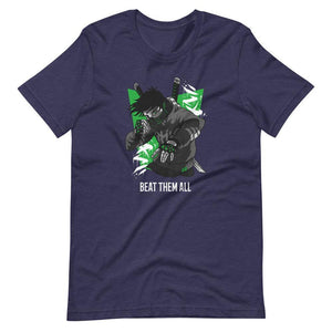 Gaming Shirt - Beat Them All - Cyberpunk Style Character - Green - Heather Midnight Navy - Dubsnatch