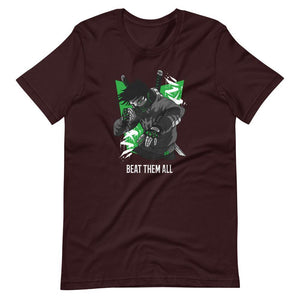Gaming Shirt - Beat Them All - Cyberpunk Style Character - Green - Oxblood Black - Dubsnatch