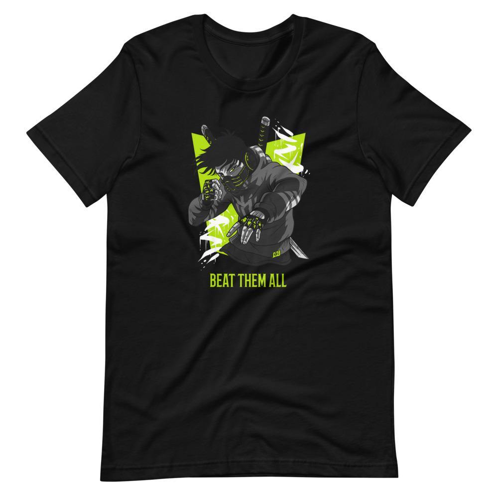 Gaming Shirt - Beat Them All - Cyberpunk Style Character - Neon Green - Alternative - Black - Dubsnatch