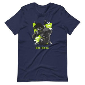 Gaming Shirt - Beat Them All - Cyberpunk Style Character - Neon Green - Alternative - Navy - Dubsnatch