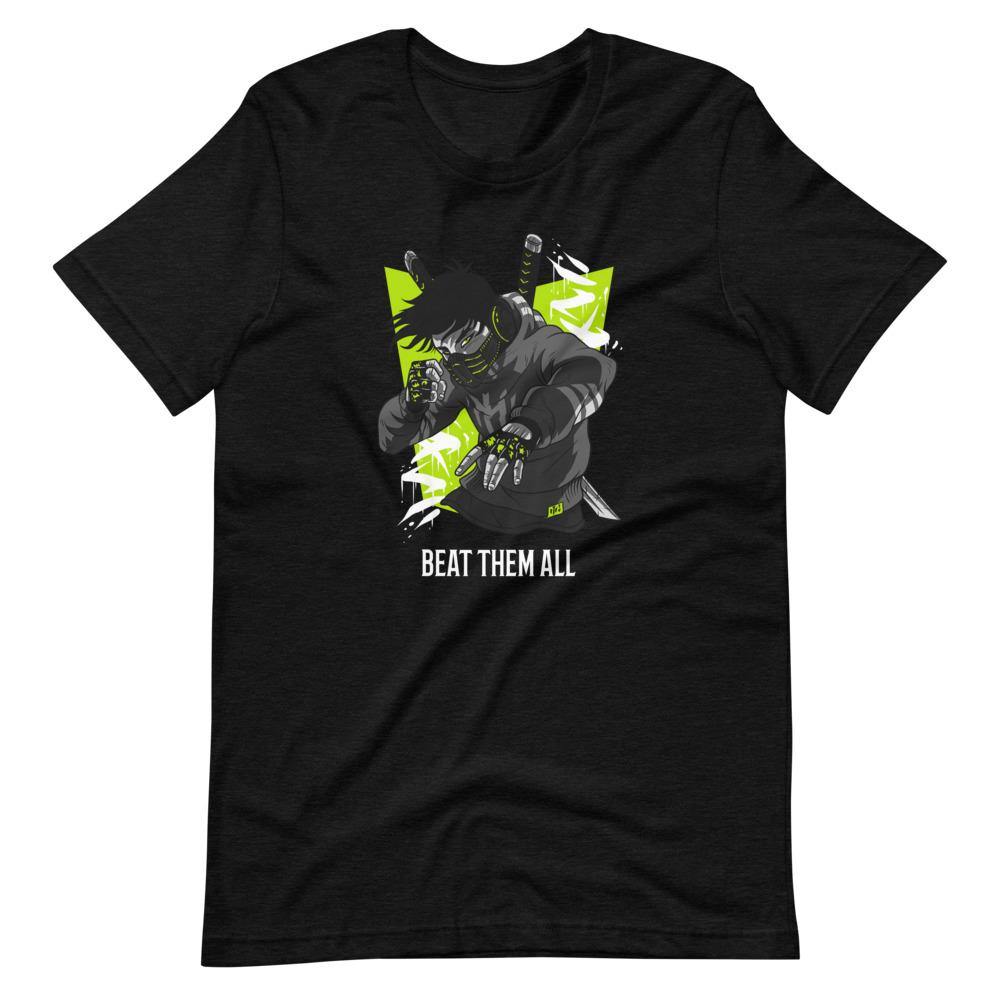Gaming Shirt - Beat Them All - Cyberpunk Style Character - Neon Green - Black Heather - Dubsnatch