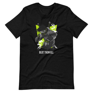 Gaming Shirt - Beat Them All - Cyberpunk Style Character - Neon Green - Black Heather - Dubsnatch