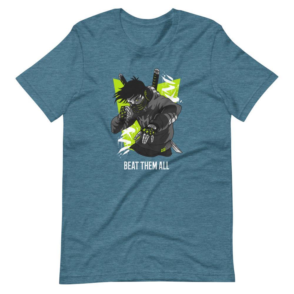 Gaming Shirt - Beat Them All - Cyberpunk Style Character - Neon Green - Heather Deep Teal - Dubsnatch