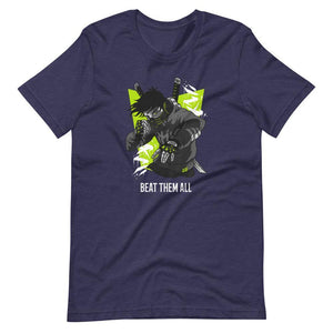 Gaming Shirt - Beat Them All - Cyberpunk Style Character - Neon Green - Heather Midnight Navy - Dubsnatch