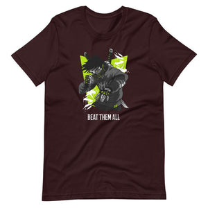 Gaming Shirt - Beat Them All - Cyberpunk Style Character - Neon Green - Oxblood Black - Dubsnatch
