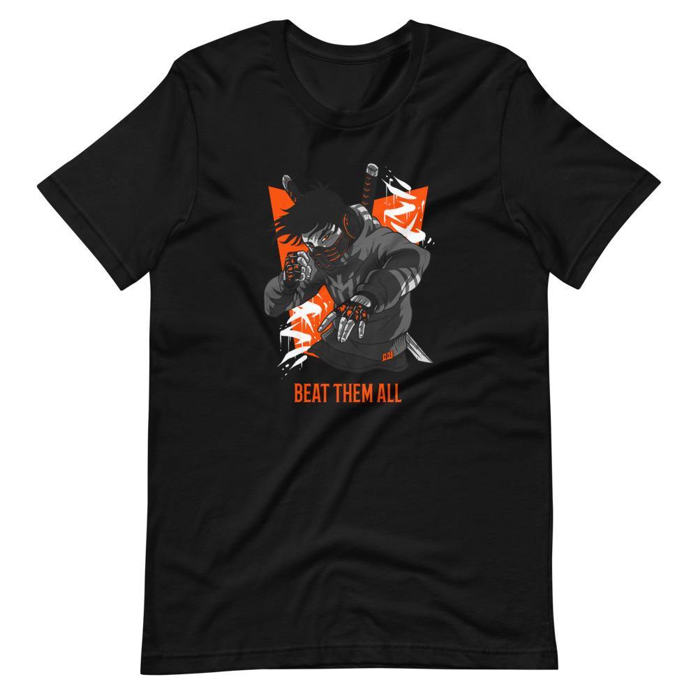 Gaming Shirt - Beat Them All - Cyberpunk Style Character - Orange - Alternative - Black - Dubsnatch