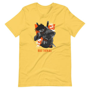 Gaming Shirt - Beat Them All - Cyberpunk Style Character - Orange - Alternative - Yellow - Dubsnatch