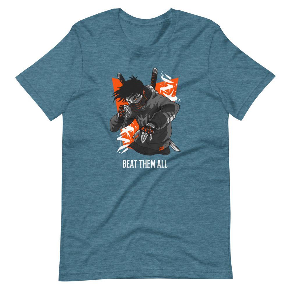 Gaming Shirt - Beat Them All - Cyberpunk Style Character - Orange - Heather Deep Teal - Dubsnatch